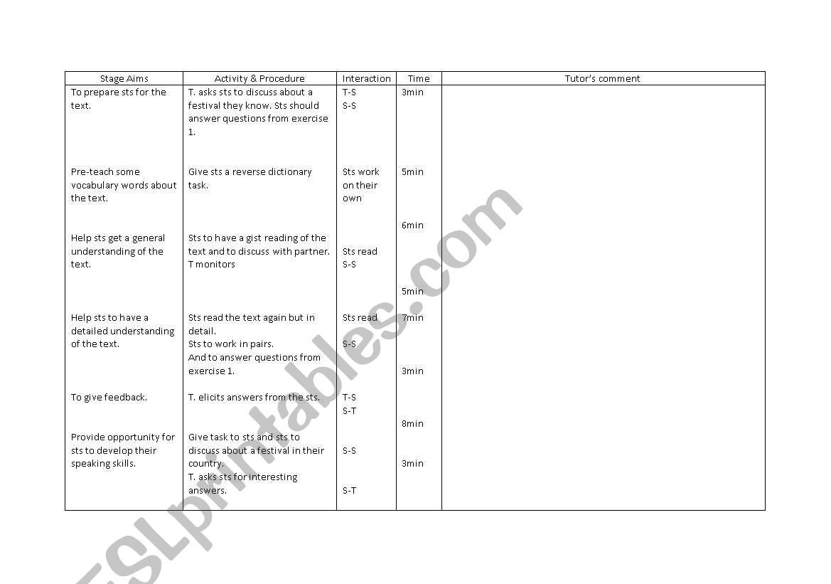 Reading lesson plan worksheet