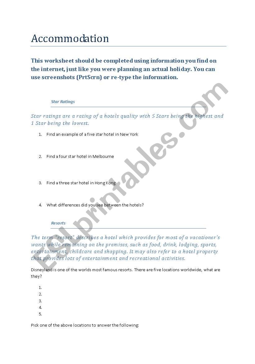 Accomodation webquest worksheet