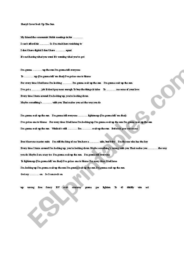 Sheryl Crowe/ Soak Up The Sun Song Worksheet