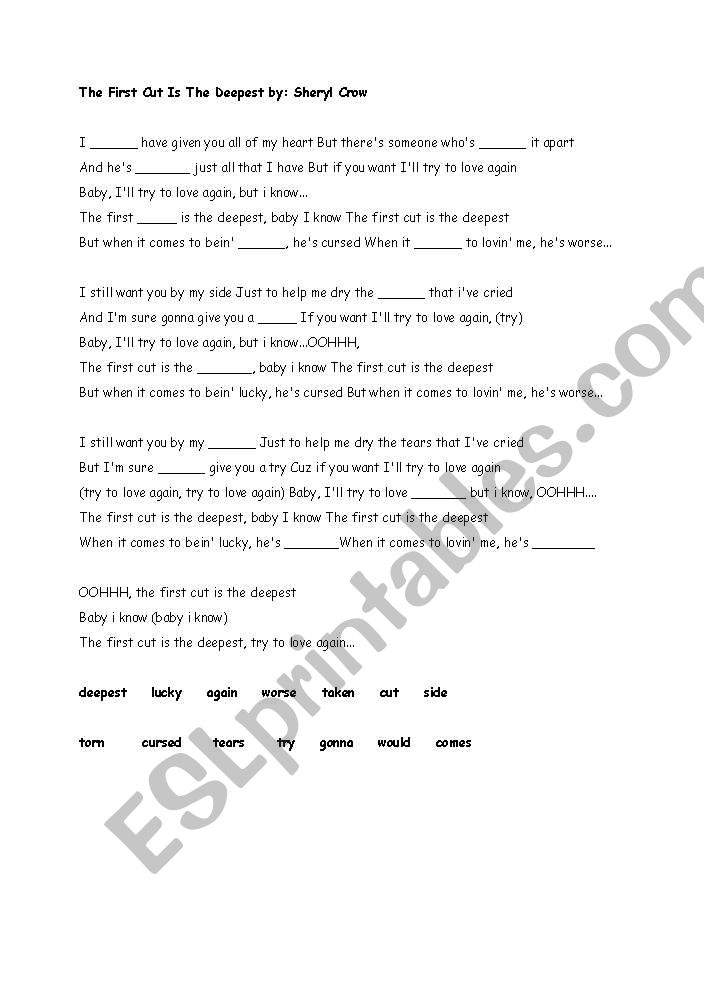 Sheryl Crowe/ The First Cut Is THe Deepest Song Worksheet