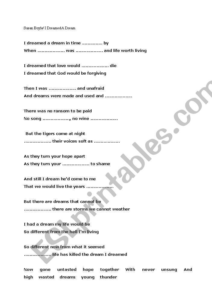 Susan Boyle/I Dreamed A Dream Song Worksheet