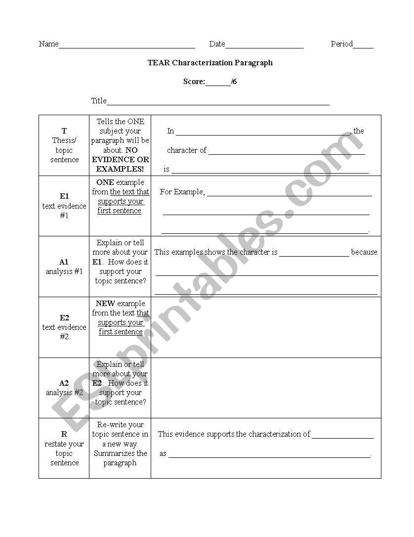 TEAR Characterization Paragraph Frame