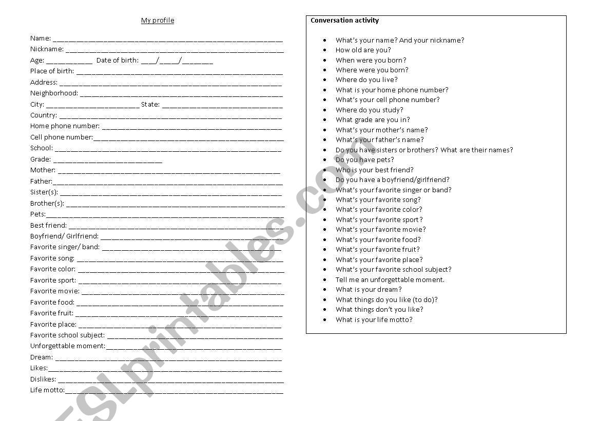 My profile worksheet