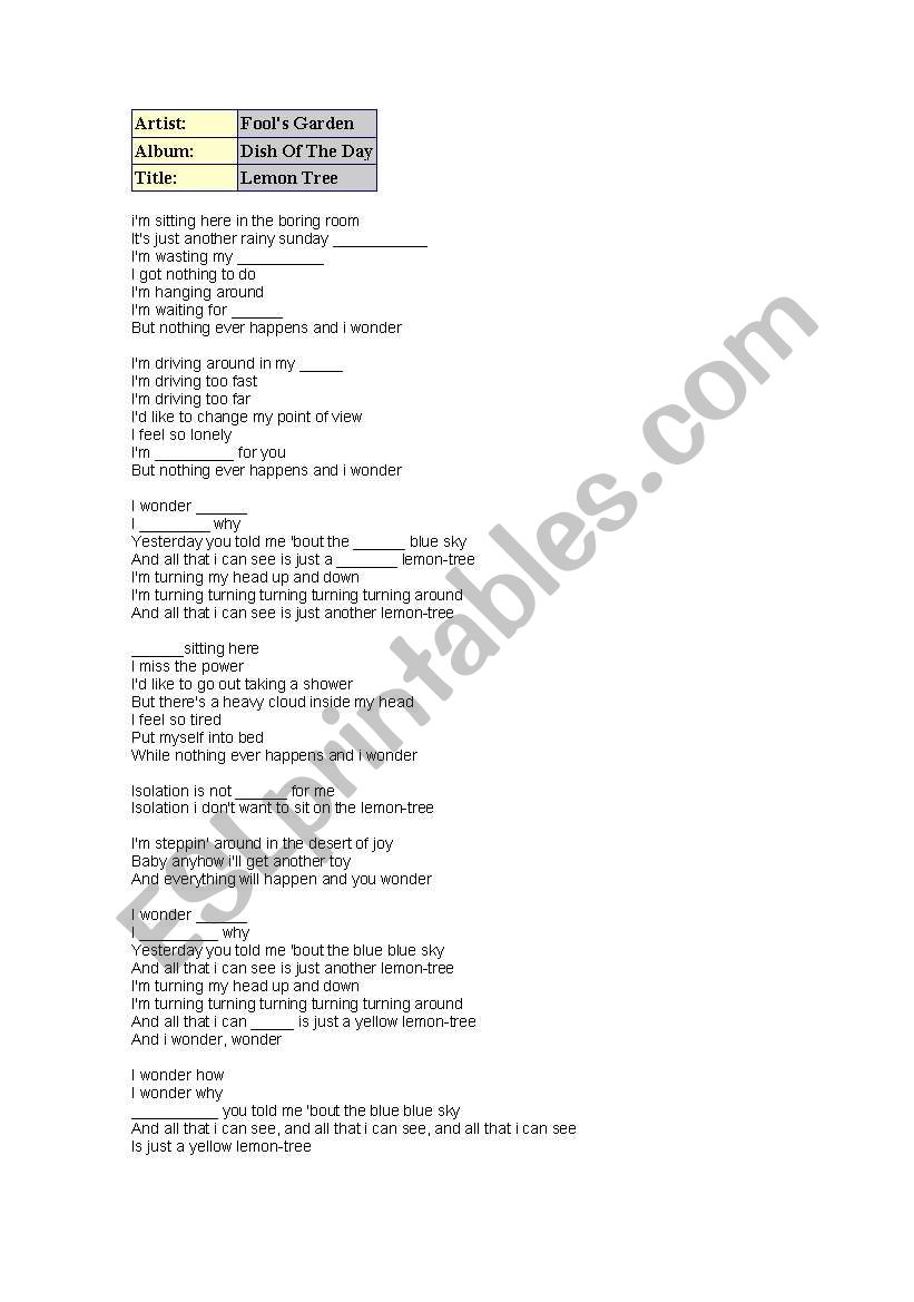 Lemon tree song worksheet