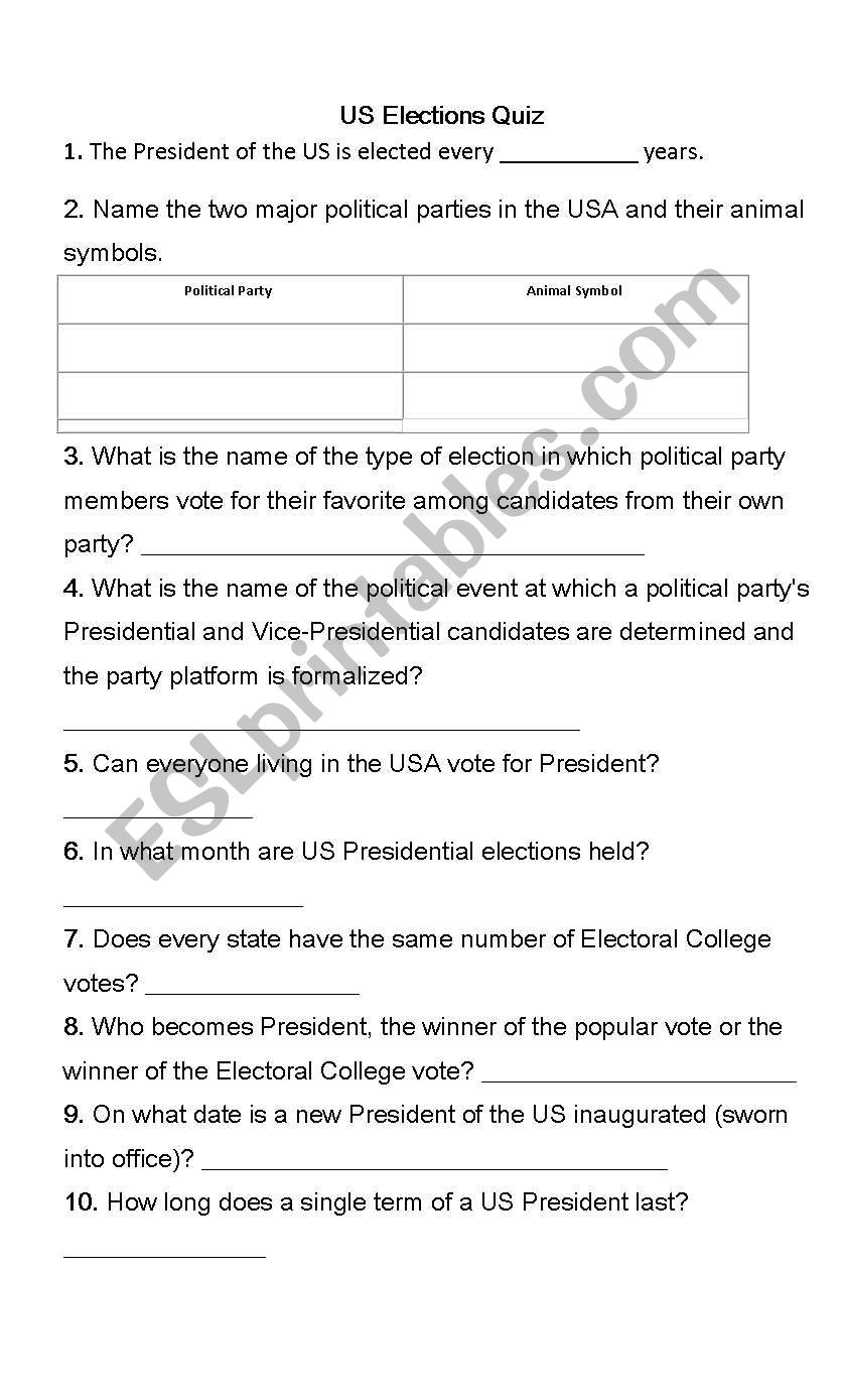 Elections in the USA worksheet