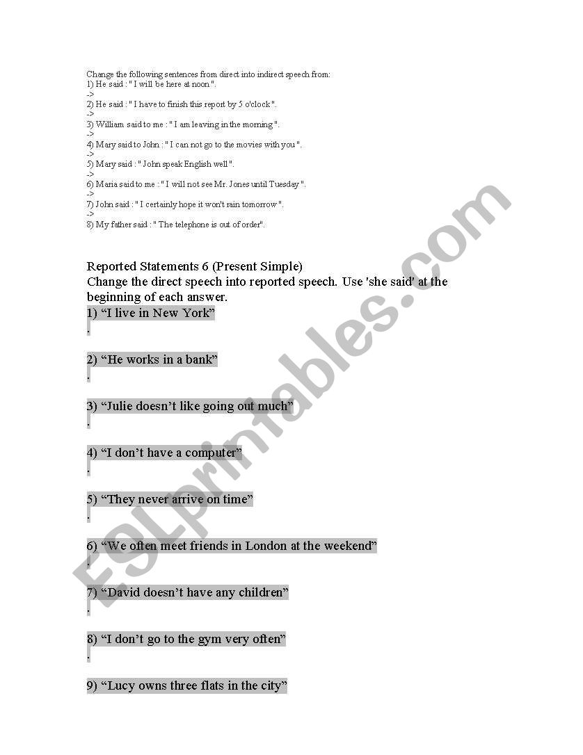reported speech worksheet