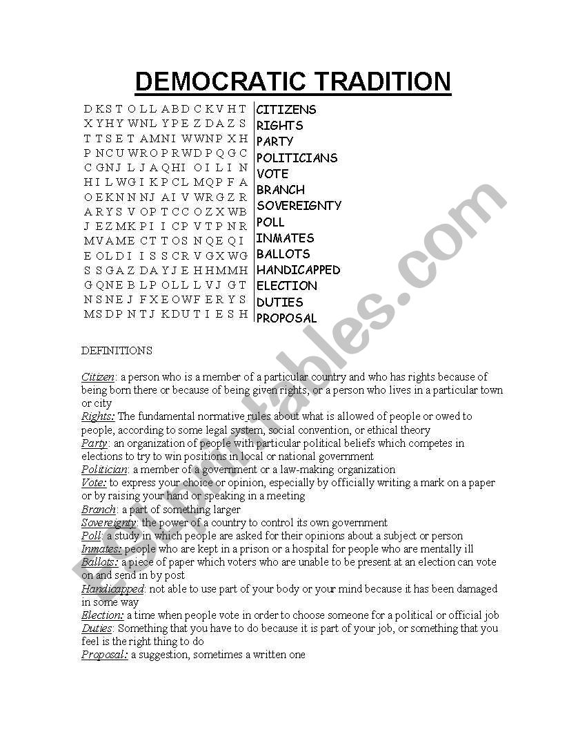 Democracy vocabulary worksheet