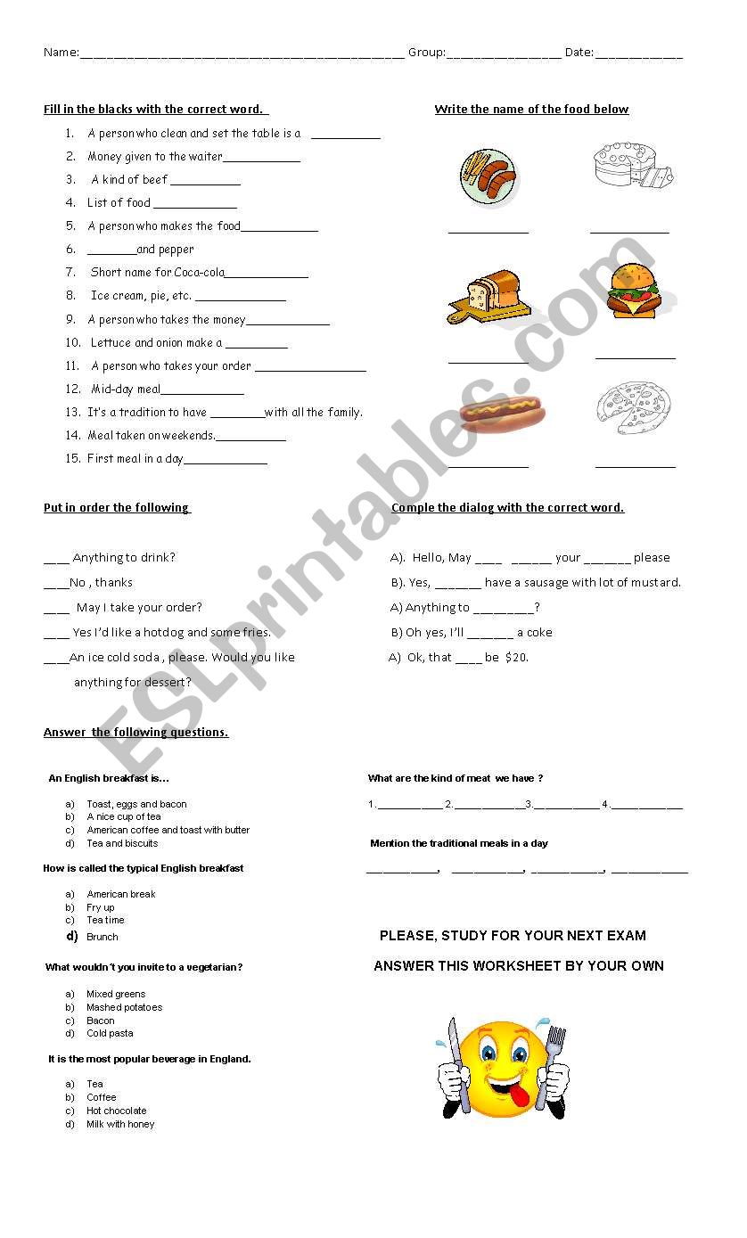 food exam worksheet