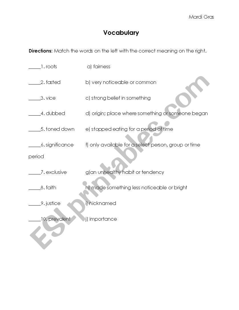 Mardi Gras Vocabulary worksheet