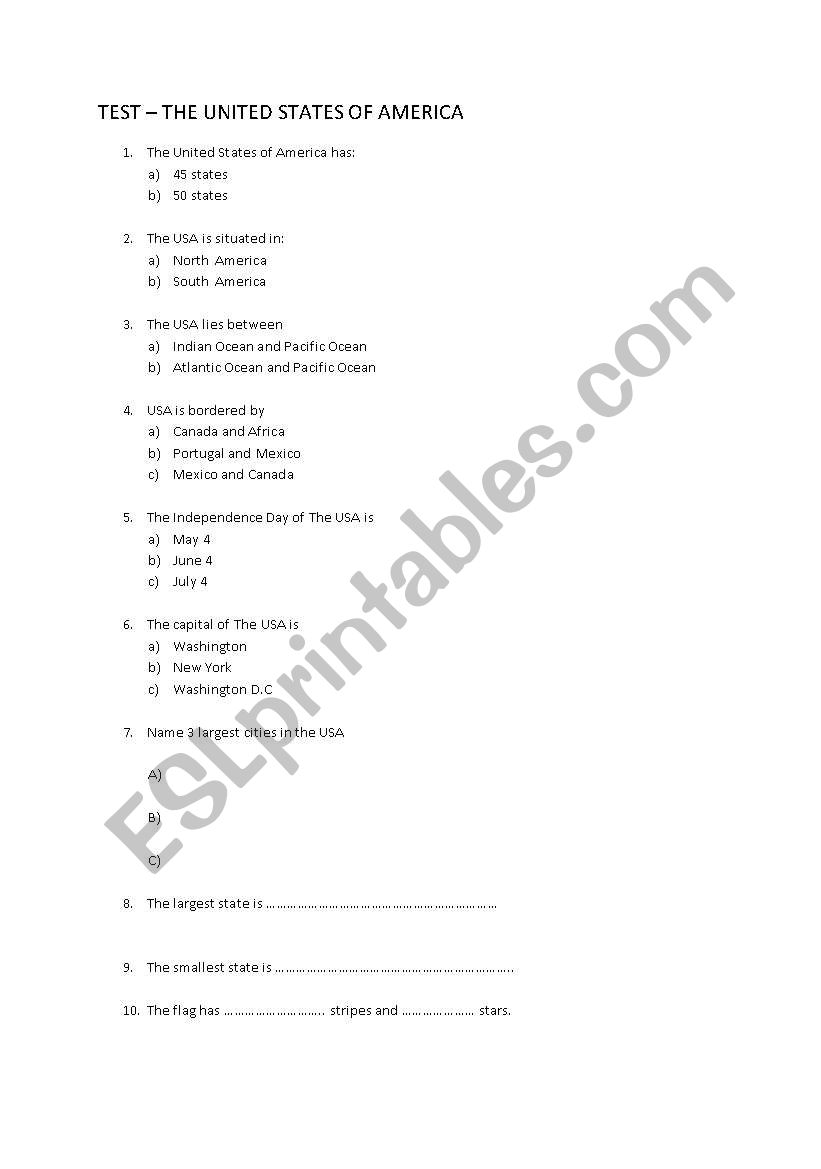 TEST ABOUT USA worksheet