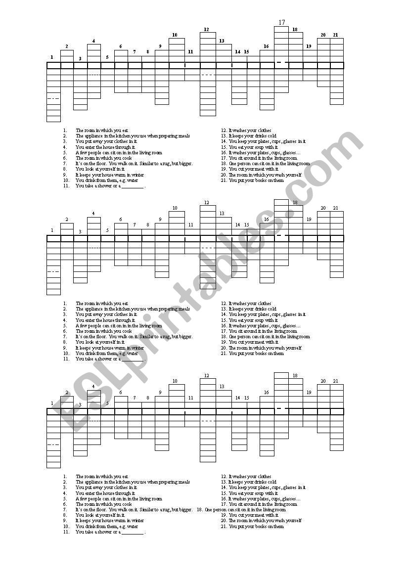 crossword puzzle - rooms and furniture