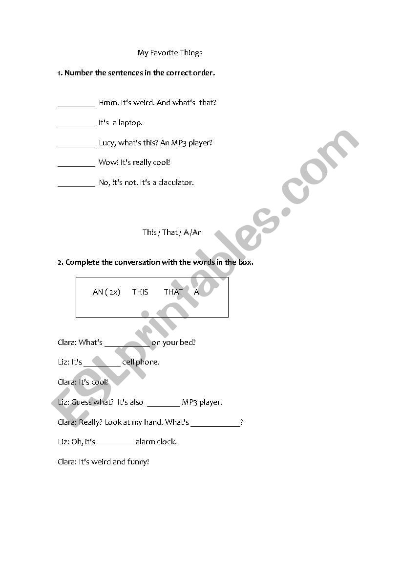 My Favorite things / A/ An worksheet