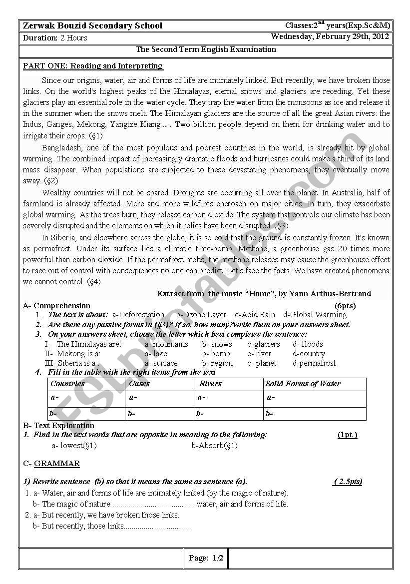 global warning worksheet