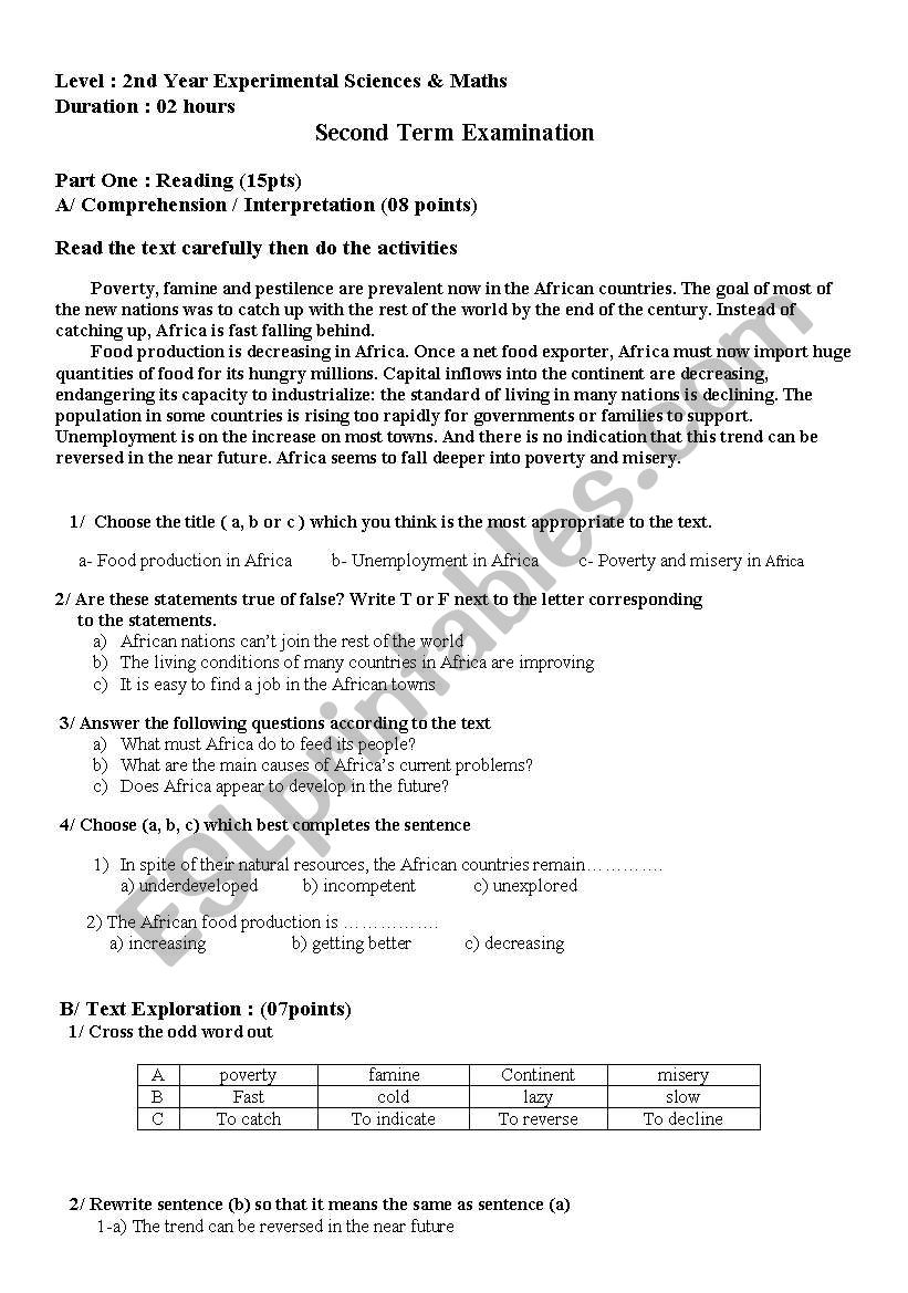 second term exam  worksheet