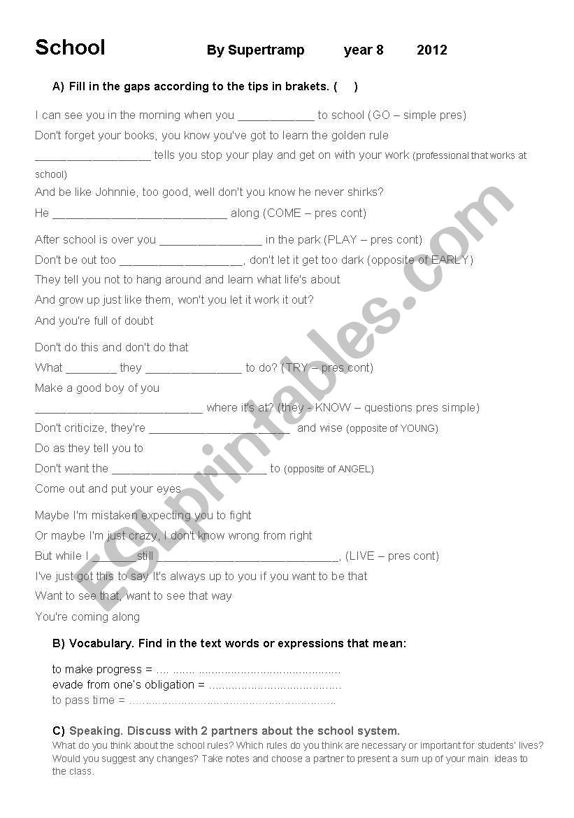 Song: School by Sumpertramp worksheet