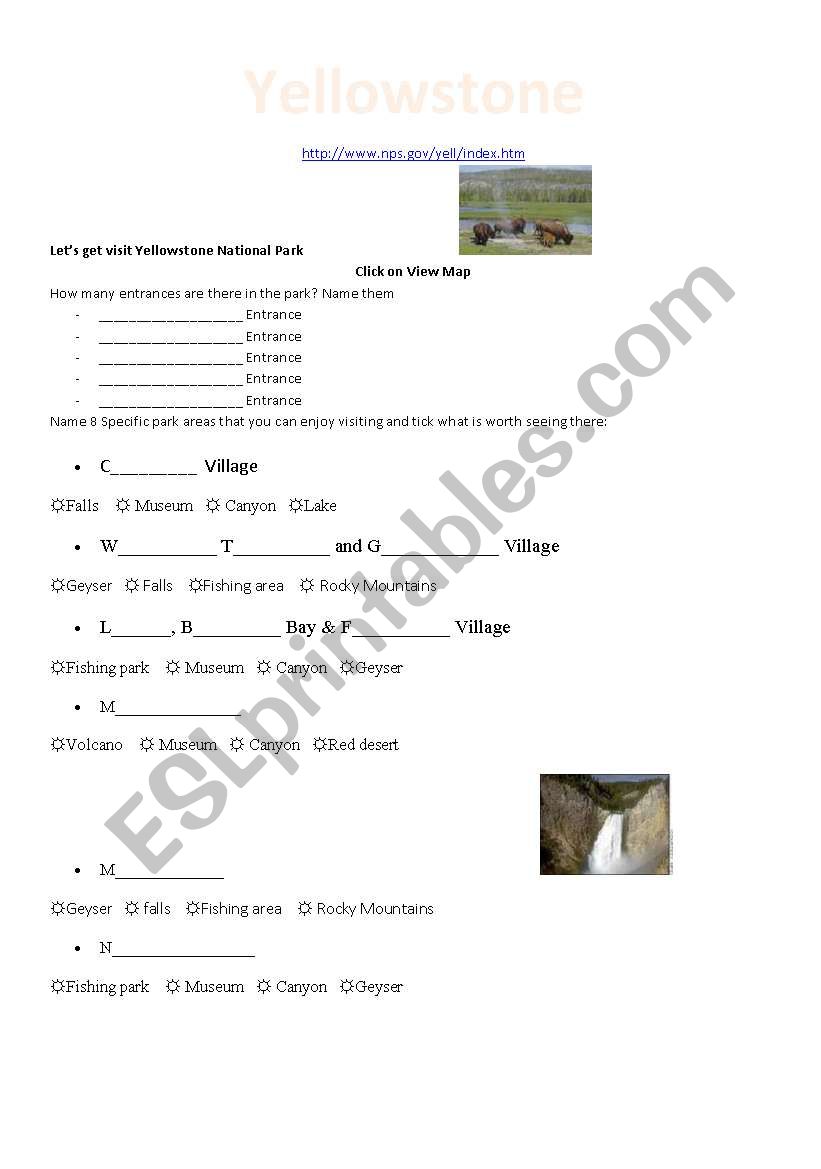 English worksheets Yellowstone national park