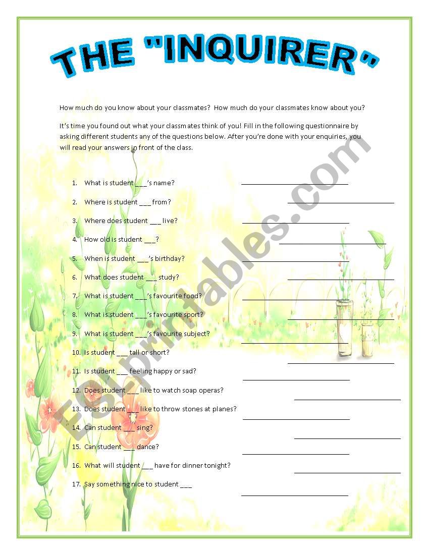 Personal Information worksheet