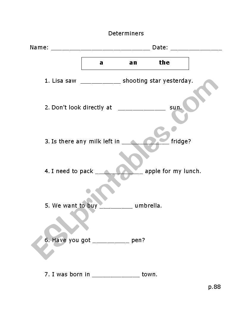 Determiners worksheet
