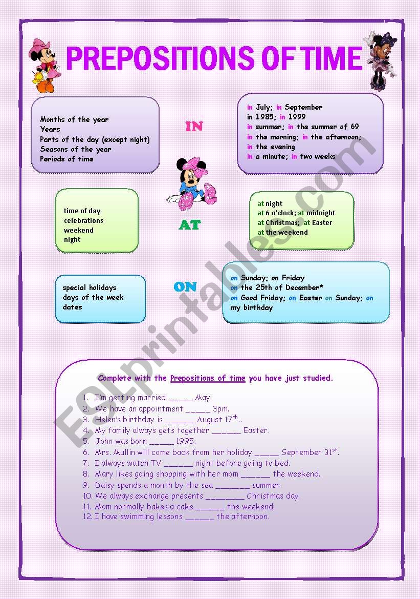 Prepositions of time worksheet