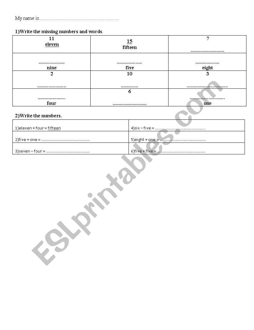Test numbers 1 to10 worksheet