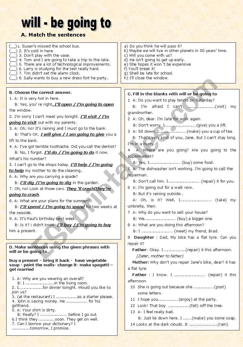 WILL - BE GOING TO (+ KEY) worksheet