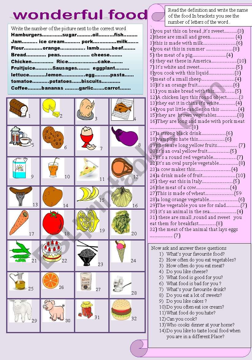 wonderful food worksheet