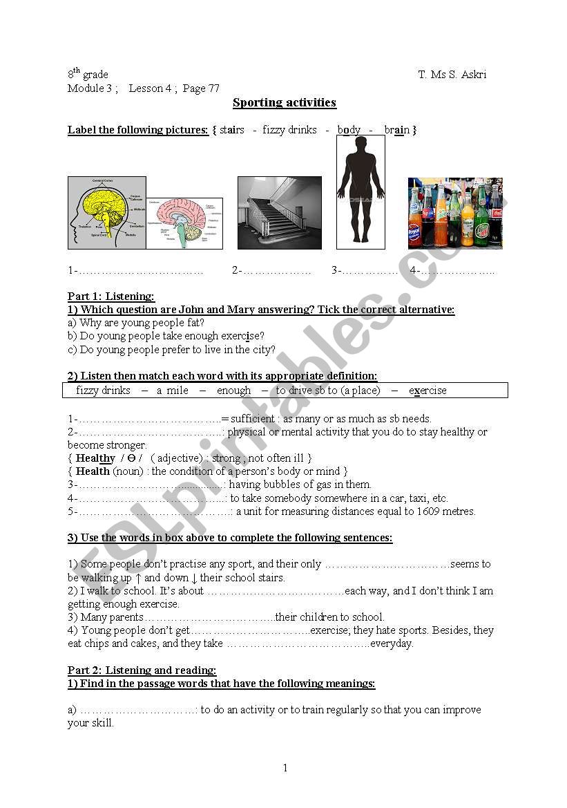 Lesson 4, Module 3,  8thgr. Sporting Activities