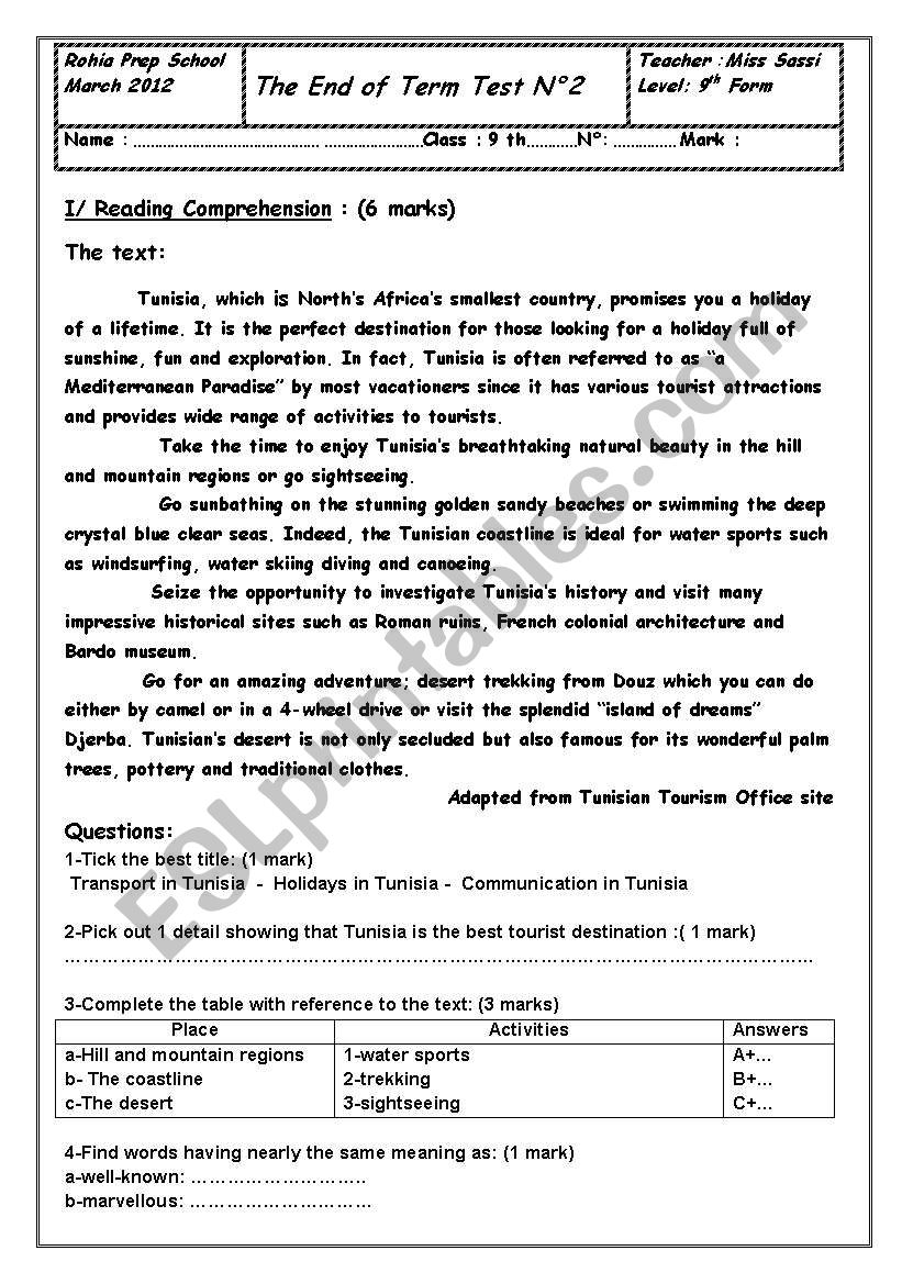 reading comprehension 9th form 2nd term