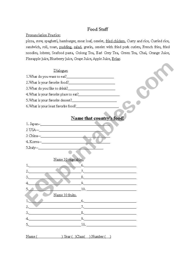 food worksheet