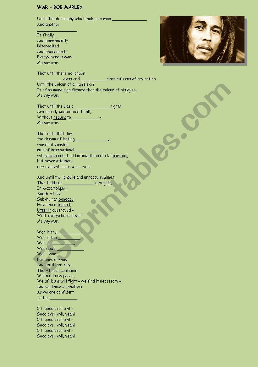 WAR by BOB MARLEY worksheet