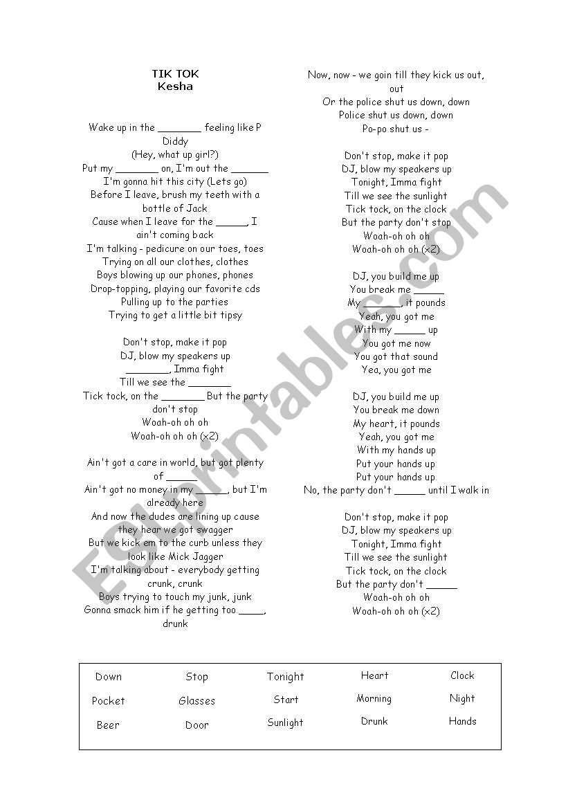 Tik Tok Kesha  worksheet