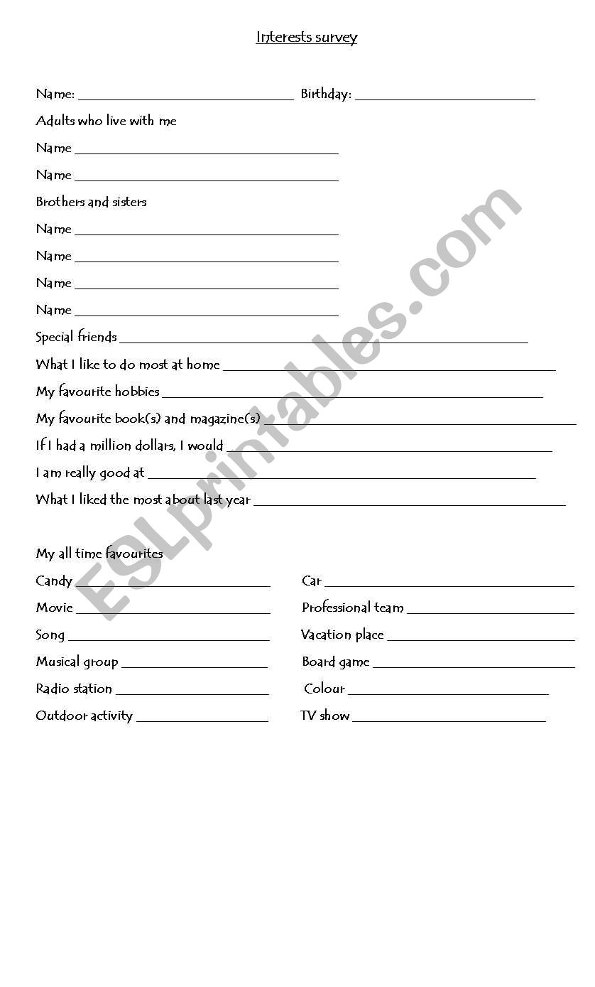 Interests survey worksheet