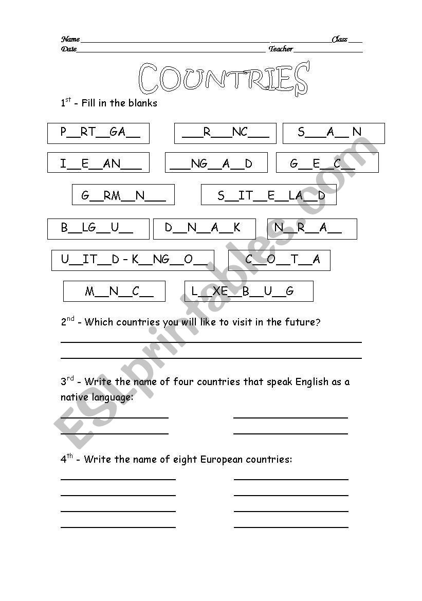 Countries worksheet
