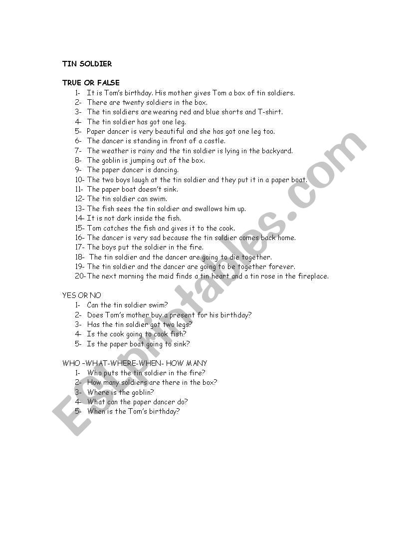 TIN SOLDIER worksheet