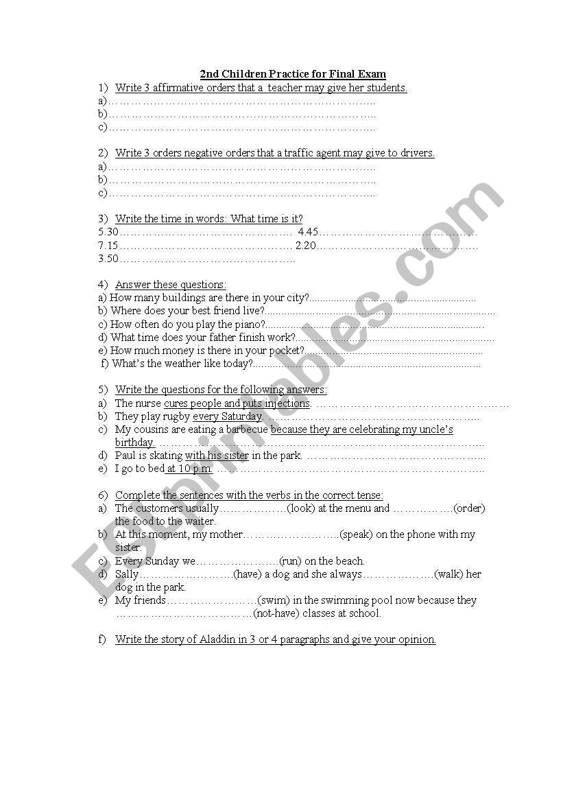 2nd children practice worksheet