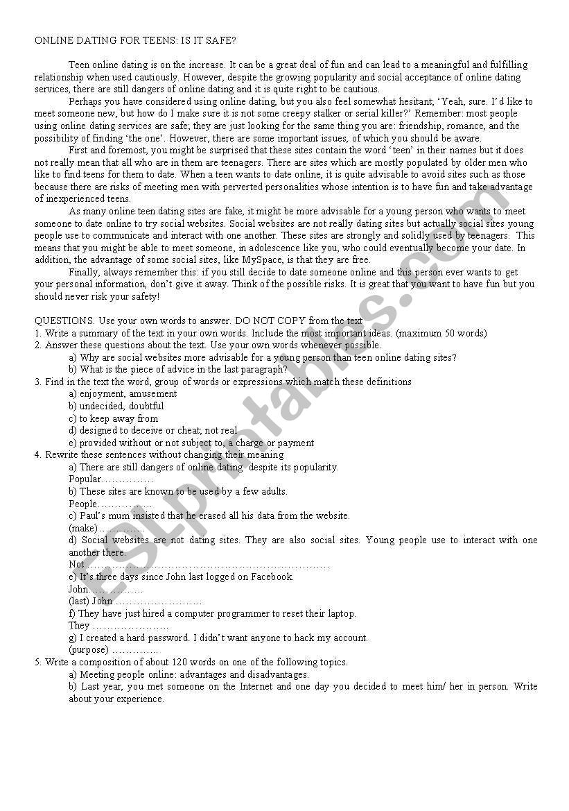 Online dating for teens. worksheet