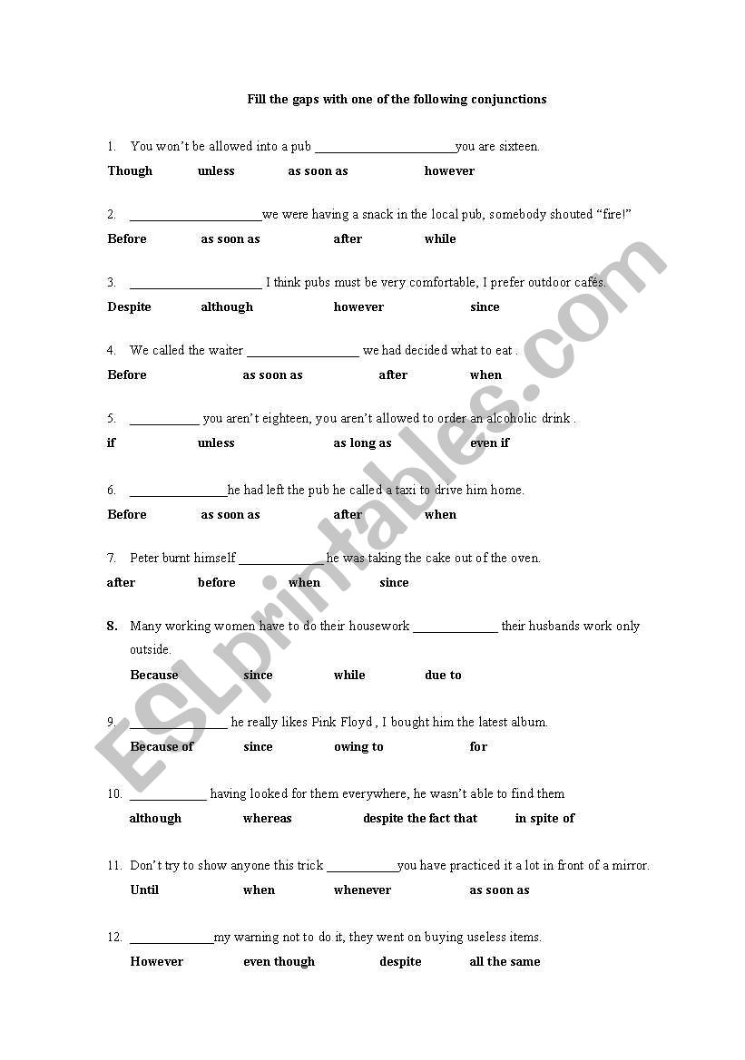 fill the gaps exercise; multiple conjunctions