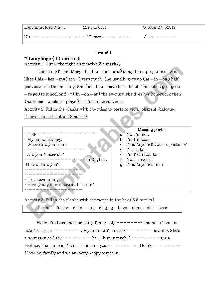 TEST worksheet