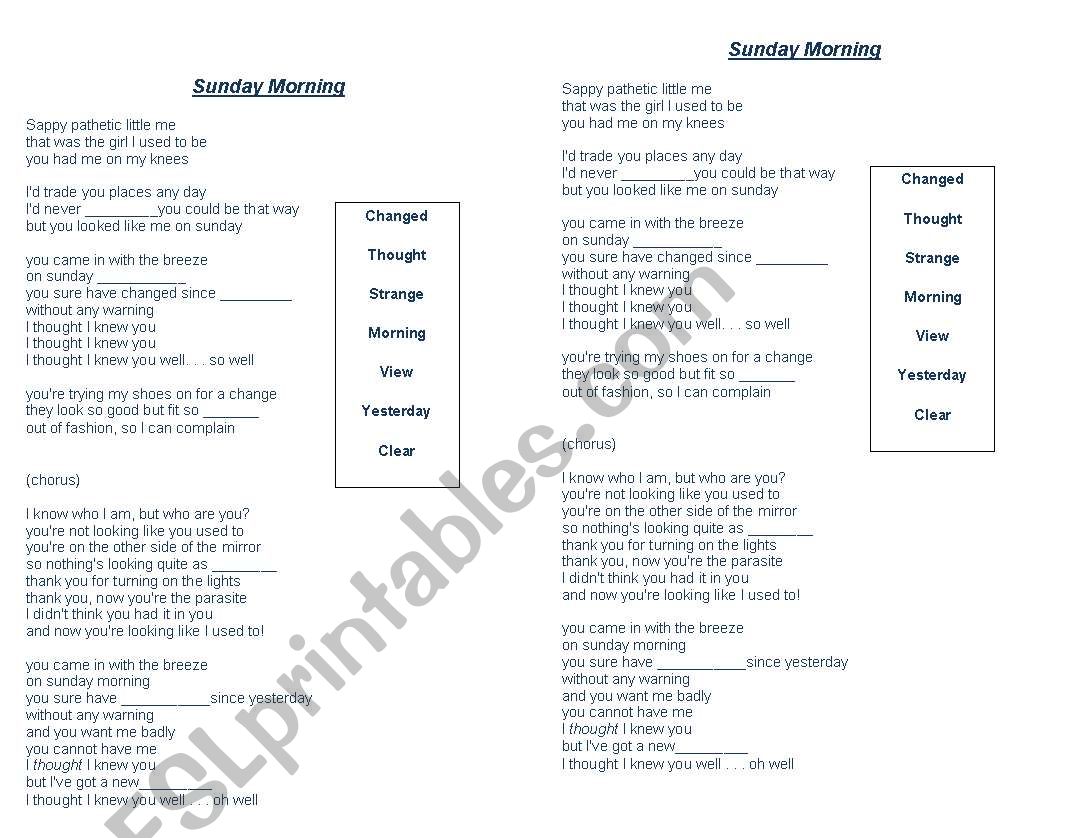 Sunday Morning song worksheet