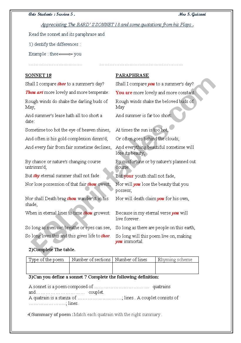 sonnet 18 shakespeare worksheet