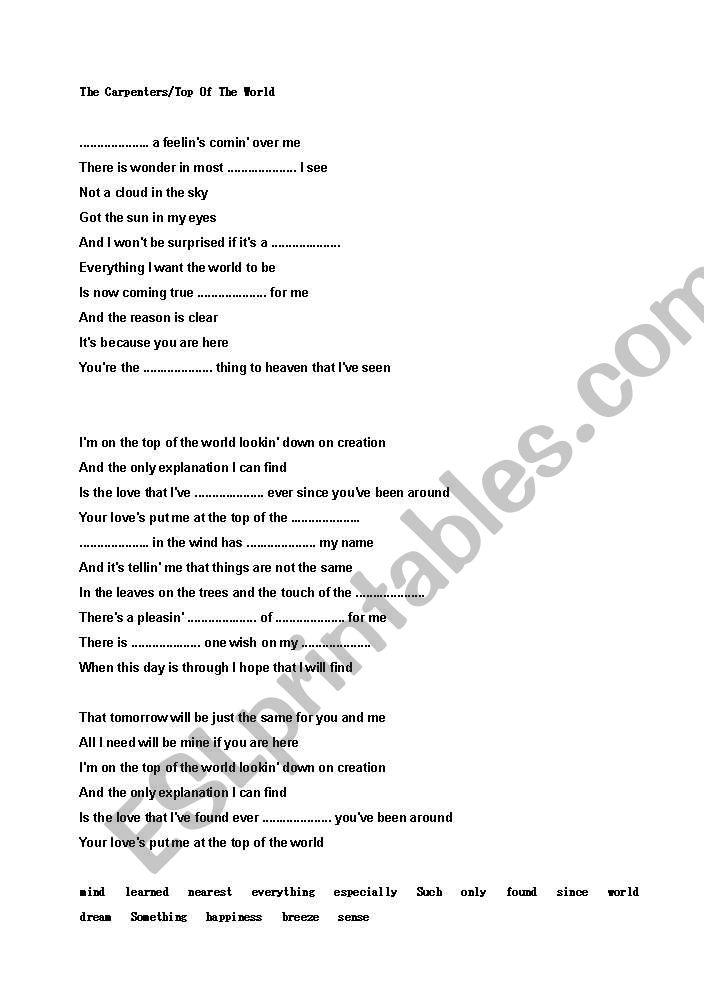 The Carpenters/On Top Of The World Song Worksheet