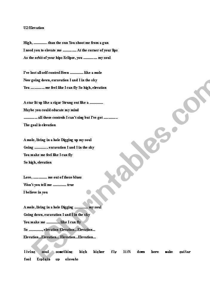 U2/Elevation Song Worksheet worksheet