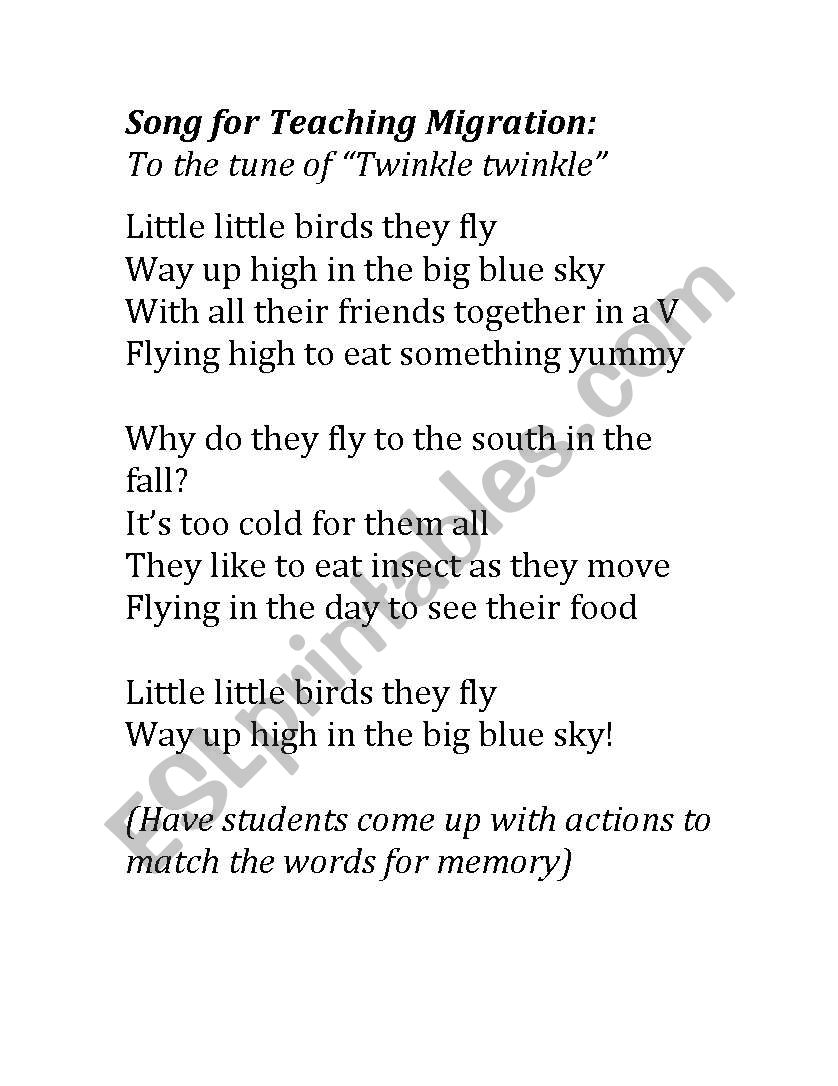 Song for Teaching Migration worksheet