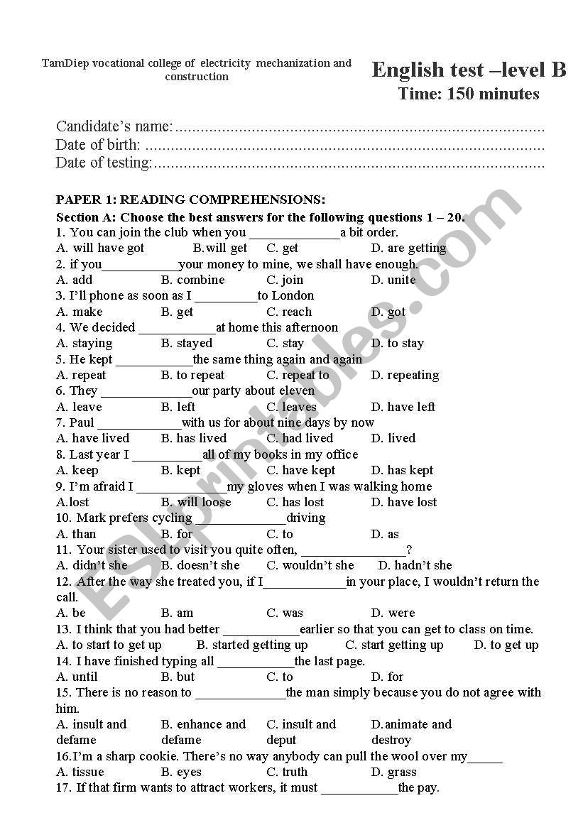 test level B worksheet