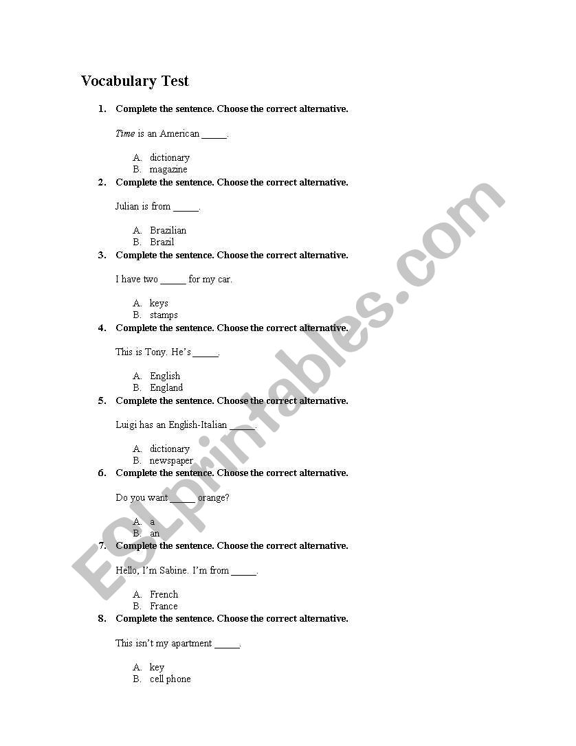 Vocabulary review test worksheet