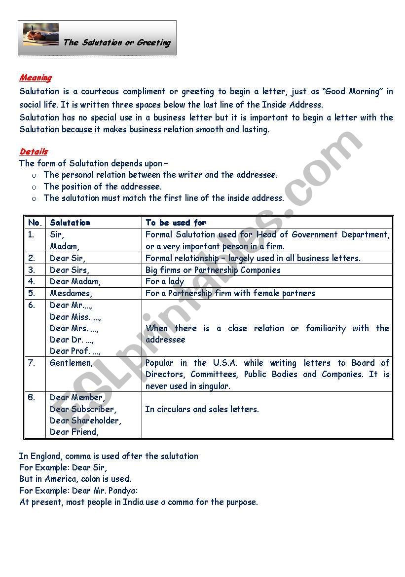 The Salutation worksheet