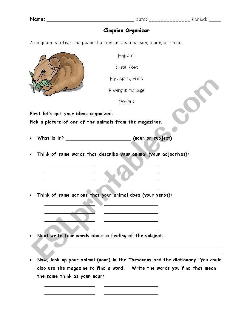 Creating a Cinquain Poem worksheet