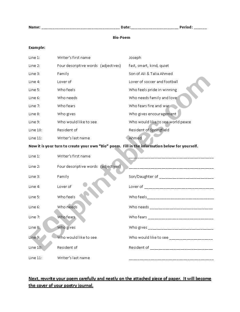 Create a Bio Poem worksheet