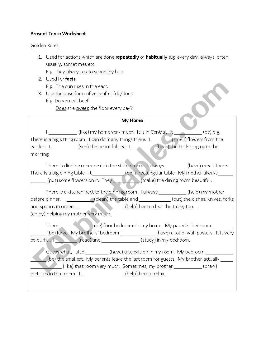 Present Tense Worsheet worksheet