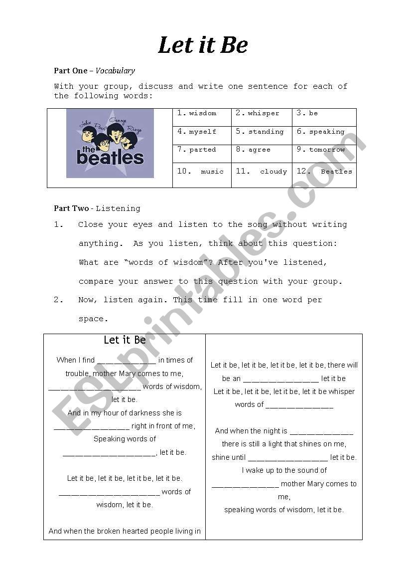 Let it be song worksheet